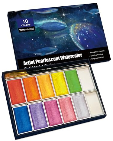 GlisDyck 6ML Shimmer Watercolor Paint Set, 10 Colors Glitter Metallic Watercolour Painting Sets, Solid Pearl Water Color Paints for Artists, Amateur Hobbyists and Painting (10 Colours)