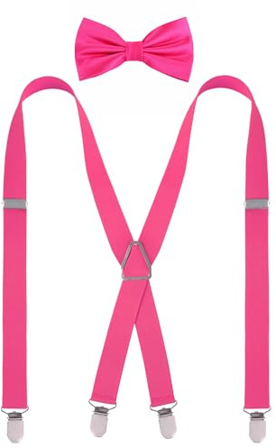 Alizeal elastisk bekväm herrfluga och hängslen set X-form justerbara hängslen, 078-het rosa, one size