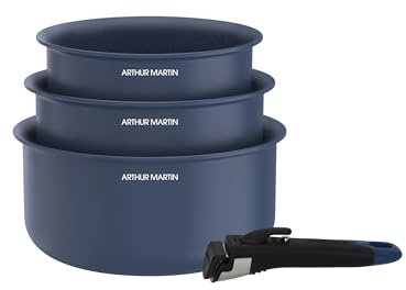 Arthur Martin - Set de 3 Casseroles en Aluminium 2,5 mm, Revêtement Céramique et Poignée Effet Bois, Compatibles Tous Feux Dont Induction, 16-18-20 cm, Bleu