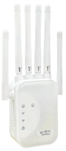 WiFi Extender 1200Mbps Dual Band 5GHz/2.4GHz, Long Range WiFi Booster Repeater 6 Antennas 2 Ethernet Ports, AP/Router Mode for Home Office UK
