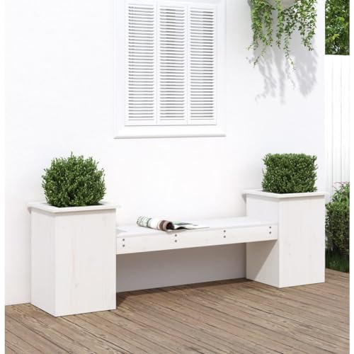 SKTQYQO Panchina Fioriera in Legno Massello di Pino Bianca 184.5x39.5x56.5 cm con 2 Fioriere Integrate Design 2 in 1 per Esterni Durevole e Robusta Arredo Giardino Pratico e Spazioso
