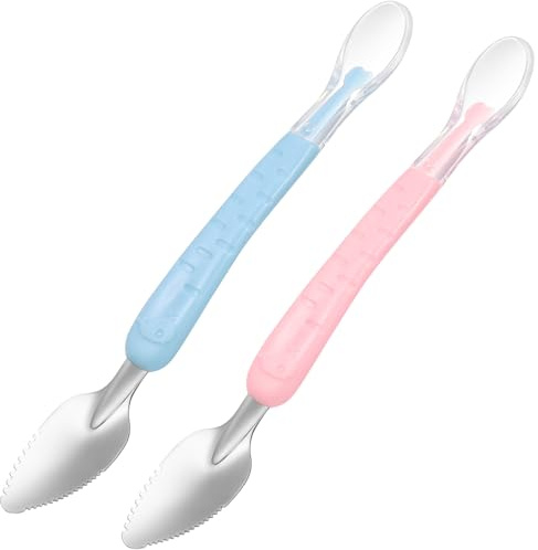 GARVALON Doppelköpfiger Edelstahl Silikon Babylöffel für Beikost Weicher Fruchtpüree Schaber 2 Stück für Kleinkinder Beim Selbstständigen Essen