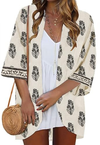 Famulily Boho Kimono Cardigans for Women UK, Half Sleeve Cardigan Cover ups Summer Loose Open Front Printed Tops