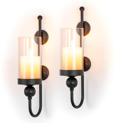 Sziqiqi Wall Candle Sconces Black: Wall Candle Holder Set of 2 for Pillars with Hurricane Glass - Wall-Mounted Metal Candleholder for Living Room Bathroom Bedroom