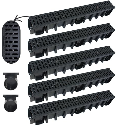 Megaa store 5m Entwässerungsrinne 148 mm – Komplettset A15 Kunststoffrinne Schwarz/Grau/Verzinkt Verschiedene Rostmuster Drainagerinne Bodenrinne (5 Meter, Schwarz Classic)