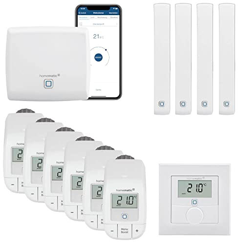 Homematic IP Funk Smart Home Heizungssteuerung Komplettpaket für 6 Heizkörper mit kostenloser Smartphone App. Inhalt: Zentrale, 6 Heizkörperthermostate, 5 Tür-Fensterkontakte, 1 Wandthermostat.