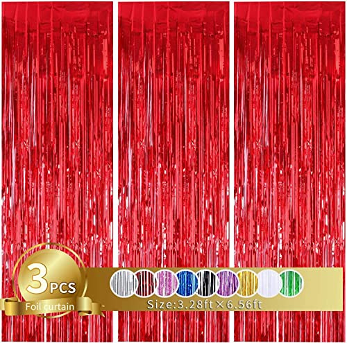 TONIFUL 3 Stück Rot Metallic Lametta Vorhänge,Tinsel Folie Vorhang Folienfransen Vorhang für Hochzeit Verlobung Brautdusche Geburtstag Bachelorette Party Bühnendekor …