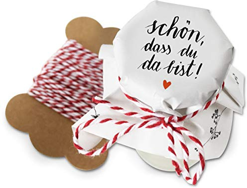 25 MINI Marmeladendeckchen - schön, dass du da bist - Blumen Gläserdeckchen Weiß für Marmelade, kleine Marmeladengläser & Einmachgläser, Recyclingpapier Abreißblock + 10 m Garn + Justiergummi