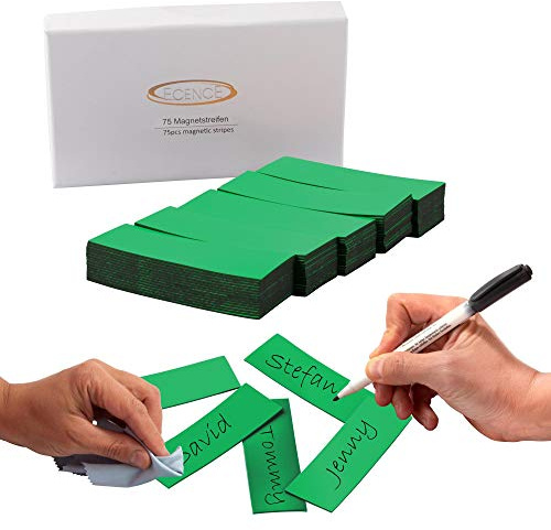 ECENCE Magnetstreifen beschreibbar 75 Stück - 60x20mm - Grün | abwischbare Magnetschilder - Magnet-Etiketten zuschneidbar für Whiteboards, Kühlschränke, Magnettafeln