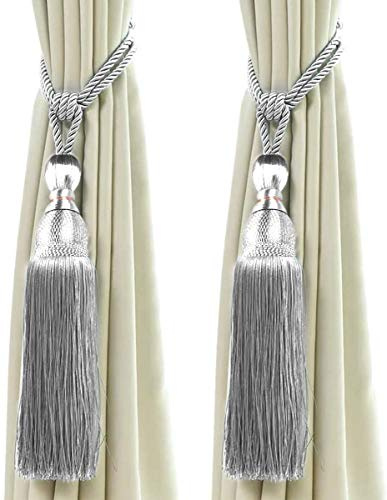 Derbway 2 Stück Vorhang Raffhalter, Vorhang Clips Seil Bindeband, Vorhang Schnalle Holdbacks mit Quaste Ball Vorhang Dekoration (Silber)