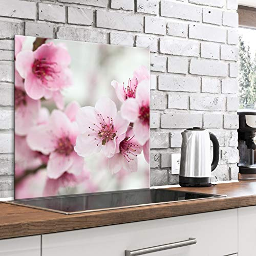 murando - Pannello Paraschizzi Cucina in Vetro Temperato Fiori Ciliegio Rosa 80x80 cm - Protettivo Paraspruzzi Parete Cucina e Decorativo - Protezione Schienale - Facile da Pulire - b-B-0437-aq-a