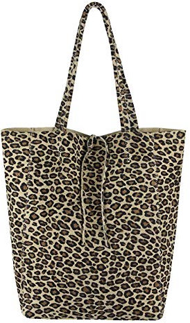 OBC Made in Italy Damen Echt Leder Tasche Din-A4 Leopard Shopper Schultertasche Tote Bag Handtasche Umhängetasche Beuteltasche Ledertasche (Beige.)