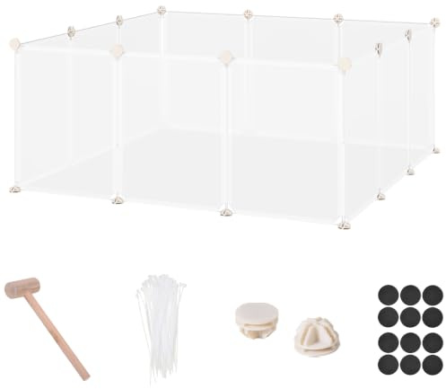 PawHut Freilaufgehege Laufgitter DIY Freigehege Gittergehege Absperrgitter Kleine Haustiere Laufstall für Innen 12 Platten Weiß Metall PP-Harz 105 x 105 x 45 cm
