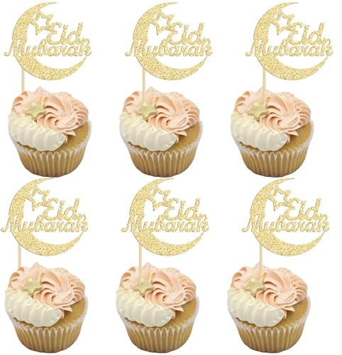 Gyufise 24Pcs Gold Glitter Eid Mubarak Cupcake Toppers Moon Happy Eid Ramadan Kareem Cake Decorations Islamic Muslim Party Supplies Decorations