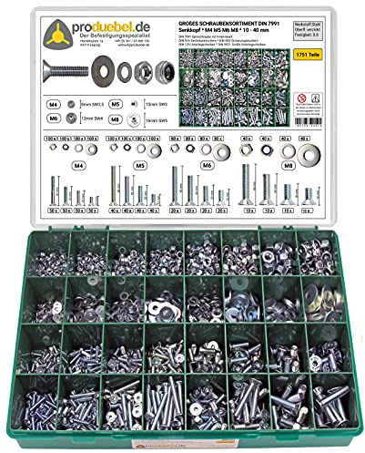 Großes Schrauben-Sortiment DIN 7991 Senkkopf M4/M5/M6/M8 Stahl verzinkt 8.8 (DIN7991+934+985+125+9021) 1751-tlg (Standard-Box)