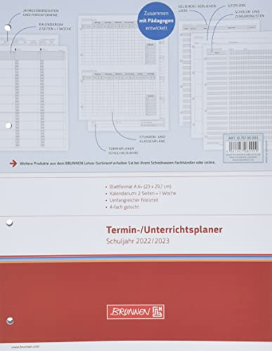 Brunnen Wochen-Ersatzkalendarium Lehrer-Sortiment 2022/2023 Überformat A4: 23 x 29,7 cm: 2 Seiten = 1 Woche, 1075700003, weiß