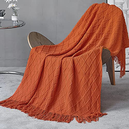 LumiSyne Gestrickte Decke Mit Quaste Einfarbig Geometrische Muster Kuscheldecke Strickdecke Tagesdecke Überwurf Couchdecke Dekorative Decke Für Sofa Bett 230x130cm