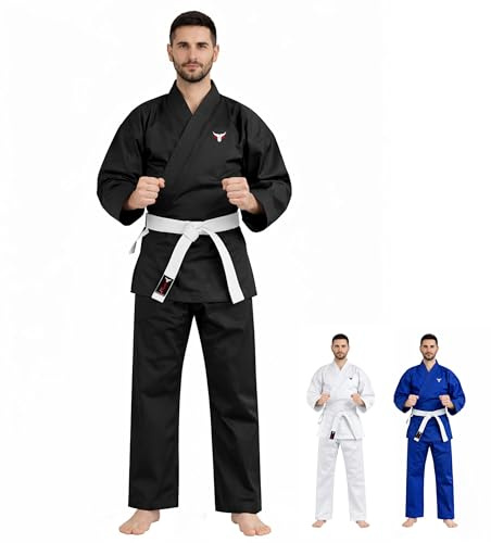 Mytra Fusion Karate Gi adulto con Cinturón – Traje de Entrenamiento de Artes Marciales 200 g para Hombre y Mujer– Uniforme de Karate para Estudiantes (Negro, 4/170)