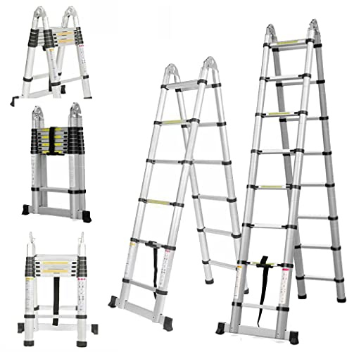 Escalera telescópica de acero inoxidable, 1,9 + 1,9 m, escalera de pie antideslizante, escalera multiusos de 150 kg, capacidad de carga EN131