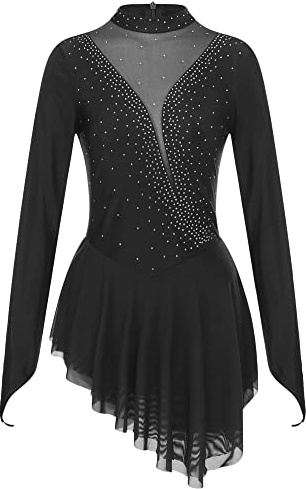 iEFiEL Damen Tanzkleid Patchwork Eiskunstlauf Kleid Langarm Kürkleid mit Strass Rollkunstlauf Wettbewerb Tanzanzug