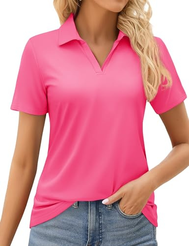 MAGCOMSEN Collared Shirts for Women Short Sleeve UPF 50+ Polos Lightweight Breathable Sports Golf Tennis Rose Red,XL