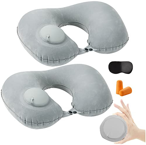 HINATAA Aufblasbares Reisekissen, 2PCS Nackenkissen Aufblasbar, Nackenhörnchen Flugzeug, Auto U Form Kissen, Büro Nackenstützkissen mit Drückender Inflationspumpe/Tasche/Augenmaske/Ohrstöpsel (Grau)