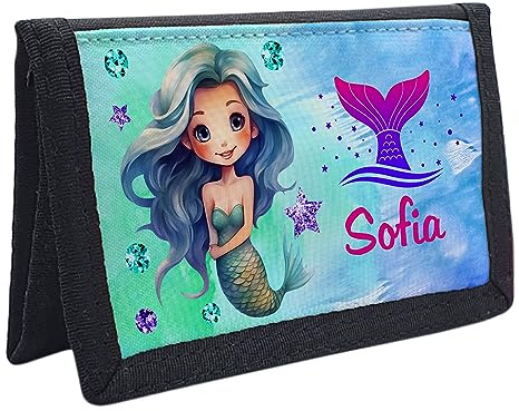 Geschenke364 Kinder Geldbeutel mit Name | Design Meerjungfrau Flosse | Geldbörse mit Sichtfenster