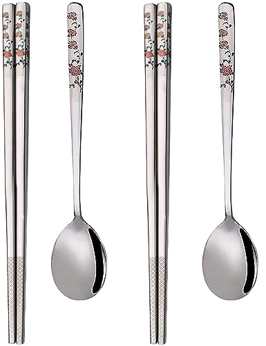 YAPULLYA Koreanisches Suppenlöffel und Essstäbchen-Set, langer Griff, 18/8 Edelstahl, mehrfarbig, Lasergravur, Essstäbchen und Löffel, Metall, wiederverwendbare Essstäbchen und Löffel, 3er-Set (Stil