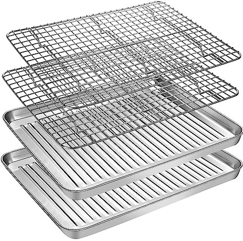 EWFEN Baking Set (2 Pans + 2 Racks), Stainless Steel Cookie Pan with Cooling Rack, Nonstick, Warp Resistant & Heavy Duty, Size 9x7x1 Inch