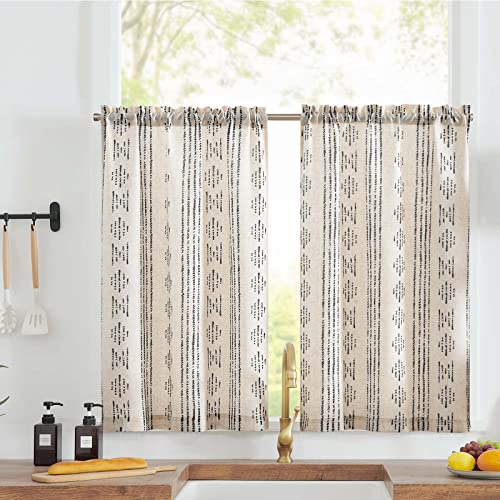 TOPICK Boho Linen Blend Kitchen Curtains 45 Inch Drop Small Cafe Curtains Light Filtering Tier Curtain for Bathroom RV Bedroom Baset Sink Cupboard Rod Pocket Black on Beige 2 Panels