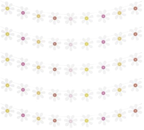 5 Stück Gänseblümchen-Girlanden, Papierblumen-Banner, Frühlingsblumen-Girlande, Hippie-Party-Girlande, Schlafzimmer, Boho-Girlande, Kinderzimmer, Wanddekoration, Banner, Weiß