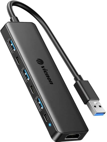 VIENON Adaptador USB 3.0 a HDMI (7 en 1), concentrador USB 3.0 con HDMI 1080P, puertos USB C de datos y alimentación, estación de acoplamiento para monitor, PC, portátil, compatible con Windows 7/8/10