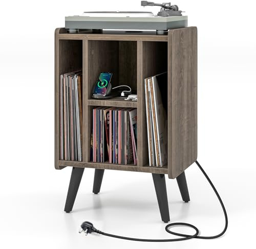 COSTWAY Record Player Stand with Charging Station, Turntable Stand End Sofa Side Table with 4 Open Shelves, Wooden Albums Vinyl Record Storage Cabinet Holder for Living Room Bedroom (Grey Oak)