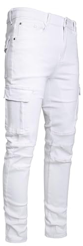 Jean slim fit stretch déchiré pour homme, coupe droite, coupe droite, tendance, confortable, taille flexible, mode décontracté, skinny, design cargo, pantalon en denim, B # blanc., 36