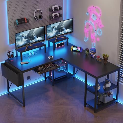 Flamaker Gaming Tisch l Form 140x140 cm - Eckschreibtisch mit RGB LED, Monitorständer & Ablagefach | 2 Steckdosen + 2 USB-Anschlüsse (Schwarz)
