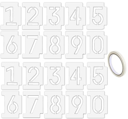 JZK Lot de 20 pochoirs de chiffres de 0 à 9 pour peinture en aérosol, 9,8 x 5,8 cm, réutilisables avec ruban de masquage pour peinture de panneaux de boîte aux lettres, parking routier, porte,