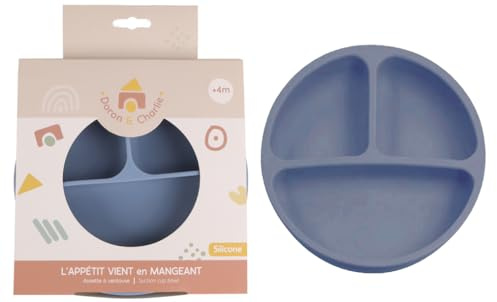 DORON & CHARLIE - Piatto con Ventosa - Pasto Bambino - 056701 - Blu - Silicone - 3 Scomparti - Compatibile Microonde - Lavabile in Lavatrice - Facile da Pulire - Ergonomico - A partire da 4 mesi