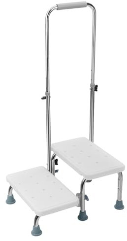 Makamsui 2 Step Stool with Handle for Elderly, Heavy Duty 2 Step Stool for Seniors Adults, Heavy Duty Foot Stool for Bedside, Kitchen, Car, Bathtub for Adults, Seniors and Handicap White