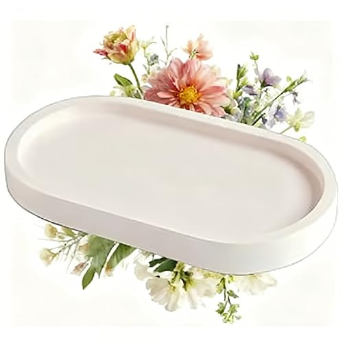 Aiyraa Vassoio ovale da bagno in marmo, portacandele ovale in gesso bianco e vassoio per gioielli, organizer da banco per cucina, vasca da bagno, profumi, candele, piante e decorazioni per la casa