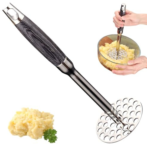WIYETY Prensapurés: 1 Pieza Prensapurés Manual de Acero Inoxidable 316, Mango de Madera Ergonómico y Antideslizante, para Utensilios de Cocina, Verduras y Frutas (26 Cm de Largo, 8.5 Cm de Diámetro)