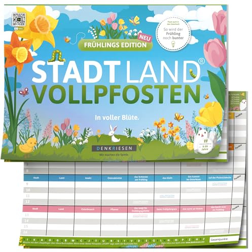 DENKRIESEN Stadt Land VOLLPFOSTEN Frühlings Edition | | DIN A4 Spielblock | Ab 9 Jahren mit frühlingshaften Kategorien für Ostern und abwechslungsreiche Spielrunden mit Familie und Freunden.