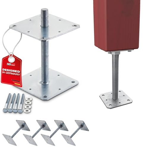 SOTECH 4er Set Pfostenträger 160 x 160 x 250 mm Gewinde M24 | Stahl feuerverzinkt Stützträger höhenverstellbar Pfostenfuß zum aufschrauben Witterungsbeständig