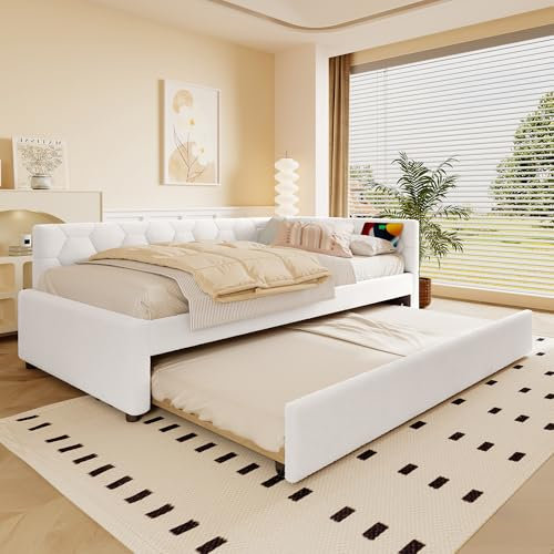 Daybett, Tagesbett, Schlafsofa, Bett mit Lattenrost , mit Nachttischlampe, mit multifunktionalem Ausziehbett, USB-Anschluss, Typ-C, Komfortmaterial, Vliesimitat(ohne Matratze) (Weiß, 90*200cm)