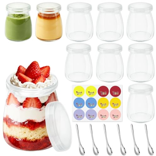Mssushi 10Pcs 200ml Yogurt Pudding Glass Jars with Lids,6oz Yoghurt Pots with Spoons,Reusable Mini Clear Chia Pudding Cups Leak-Proof for Yogurt Making,Milk,Jams,Pudding,Mousse,Overnight Oats,Spice