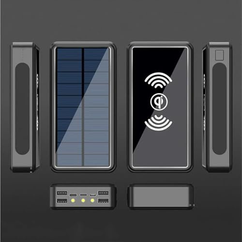 Power Bank, Wireless/Solare/Grande capacità 30000 mAh/Ricaricabile a energia solare/Portatile per cellulare, Nero