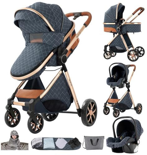3 in 1 Kinderwagen Blau & Gold,Geräumiger Kombi-Kinderwagen
