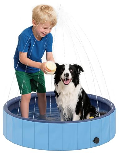 PawHut Piscina para Perros Plegable con Aspersor Bañera Portátil para Perros Medianos y Pequeños de plástico Antideslizante y Resistente al Desgaste para Interiores y Exteriores Ø100x30 cm Azul Claro