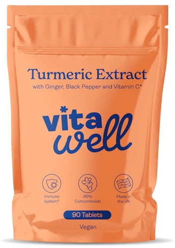 Vitawell Turmeric Tablets 2000mg with Black Pepper, Ginger & Vitamin C | Supports Immune System, Joints & Energy | 3 Month Supply | High Strength Curcumin Supplements | UK Made (90 Tablets)