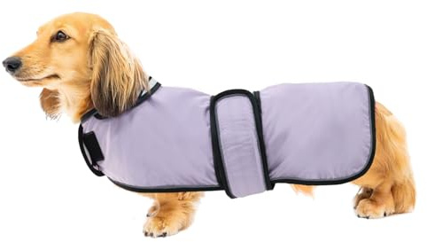 Geyecete Hunde Regenmantel,Einstellbar Wasserdicht Hundejacke für Dackel,Regenmantel mit reflektierenden Trägern,Regenjacken mit Gürtel mit Klettverschluss für Miniaturdackel-Lila-XS