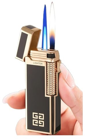 bcdef Accendino a Torcia in Metallo con Doppia Fiamma e Coperchio Ribaltabile, puleggia Laterale retrò, Fiamma a Getto Antivento, Accendino Portatile Ultrasottile, Adatto Come Regalo for Uomo(Black)